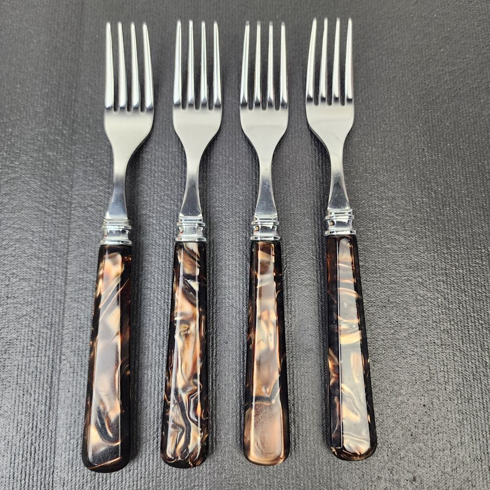 4 MIKASA Tortoise Handle Flatware Brown Acrylic Handle Dinner Forks 8.25"